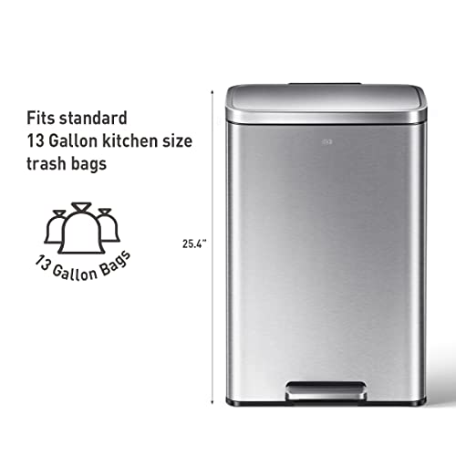 EKO Madison Brushed Stainless 50 Liter/13.2 Gallon Step Trash Can with Inner Liner - Fingerprint Resistant Finish