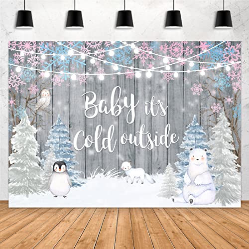 Aperturee It's Cold Outside Baby Shower Backdrop 7x5ft Winter Woodland Animals Penguin Christmas Trees Snowflake Rustic Wood Wooden Floor Photography Background Party Decorations Banner Photo Booth