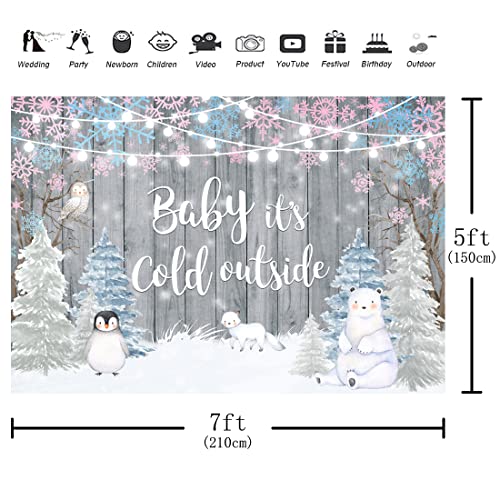 Aperturee It's Cold Outside Baby Shower Backdrop 7x5ft Winter Woodland Animals Penguin Christmas Trees Snowflake Rustic Wood Wooden Floor Photography Background Party Decorations Banner Photo Booth