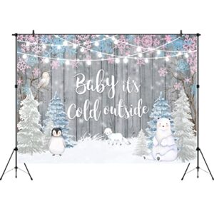 Aperturee It's Cold Outside Baby Shower Backdrop 7x5ft Winter Woodland Animals Penguin Christmas Trees Snowflake Rustic Wood Wooden Floor Photography Background Party Decorations Banner Photo Booth