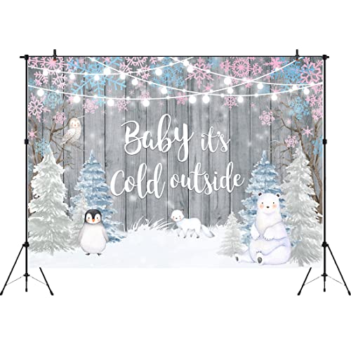 Aperturee It's Cold Outside Baby Shower Backdrop 7x5ft Winter Woodland Animals Penguin Christmas Trees Snowflake Rustic Wood Wooden Floor Photography Background Party Decorations Banner Photo Booth