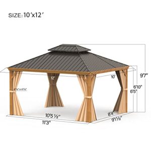 Domi 10'x12' Outdoor Hardtop Gazebo Permanent Canopy with Galvanized Steel Roof,Aluminum Frame,Curtains and Netting,for Patios,Backyard,Lawns(Wood Grain Coated)