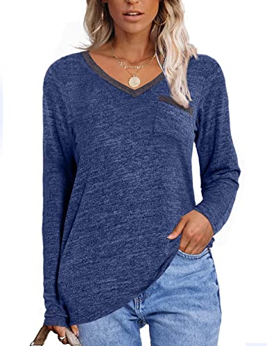 Grace's Secret Womens Sweaters Lightweight Soft Warm Sweatshirt Long Sleeve V Neck Shirts with Pockets,Navy,XXL