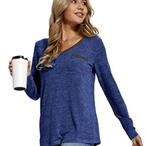 Grace's Secret Womens Sweaters Lightweight Soft Warm Sweatshirt Long Sleeve V Neck Shirts with Pockets,Navy,XXL