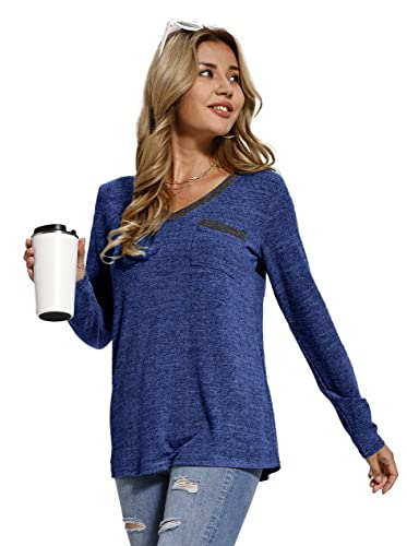 Grace's Secret Womens Sweaters Lightweight Soft Warm Sweatshirt Long Sleeve V Neck Shirts with Pockets,Navy,XXL