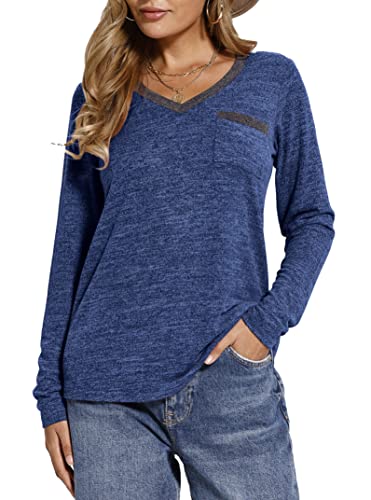 Grace's Secret Womens Sweaters Lightweight Soft Warm Sweatshirt Long Sleeve V Neck Shirts with Pockets,Navy,XXL