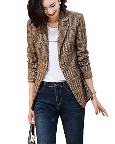 ebossy Women's Notch Lapel 2 Button Boyfriend Blazer Suit Houndstooth Plaid Jacket Coat (Medium, X-Brown)