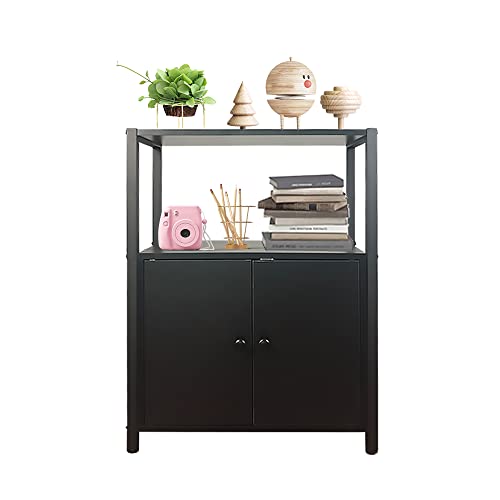 Jahof 2-Layer Industrial Bookshelf, Bookcase with 2 Doors, Standing Storage Cabinet for Living Room, Home Office, Bedroom, Washroom, Kitchen (2-Tier, Black)