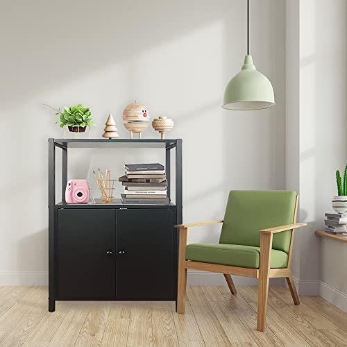 Jahof 2-Layer Industrial Bookshelf, Bookcase with 2 Doors, Standing Storage Cabinet for Living Room, Home Office, Bedroom, Washroom, Kitchen (2-Tier, Black)