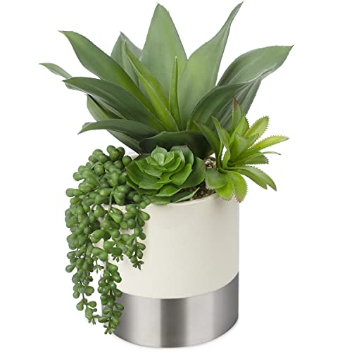 Large Artificial Succulents Plants Faux Succulents 12" Fake Succulent Plants in Sliver Ceramic Pot Succulent Plant for Desk Modern Home Living Room Office Table Shelf Decor