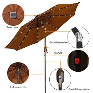 Blissun 9 ft Solar Umbrella 32 LED Lighted Patio Umbrella Table Market Umbrella with Tilt and Crank Outdoor Umbrella for Garden, Deck, Backyard, Pool and Beach, Brown