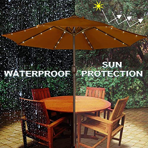 Blissun 9 ft Solar Umbrella 32 LED Lighted Patio Umbrella Table Market Umbrella with Tilt and Crank Outdoor Umbrella for Garden, Deck, Backyard, Pool and Beach, Brown