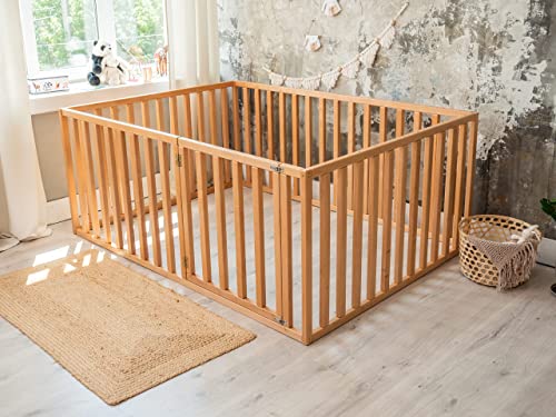 BUSYWOOD Wooden Floor Bed Playpen with Extended Rail - Toddler Bed Frame - Bed with Extra Protection - Toddler Playpen - Play Bed - Solid Wood Bed - (Model 6.3, Floor bed)