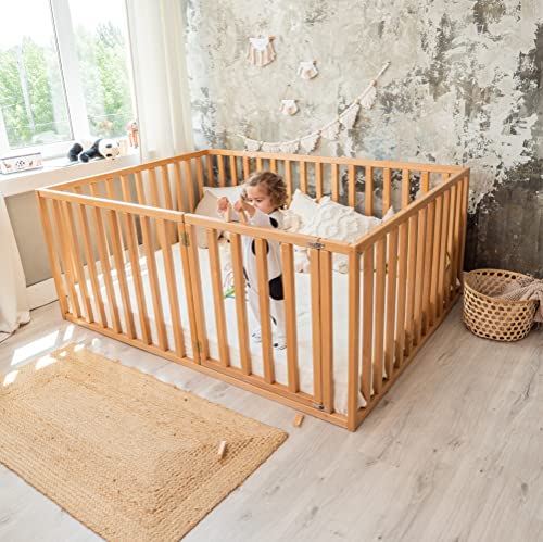 BUSYWOOD Wooden Floor Bed Playpen with Extended Rail - Toddler Bed Frame - Bed with Extra Protection - Toddler Playpen - Play Bed - Solid Wood Bed - (Model 6.3, Floor bed)