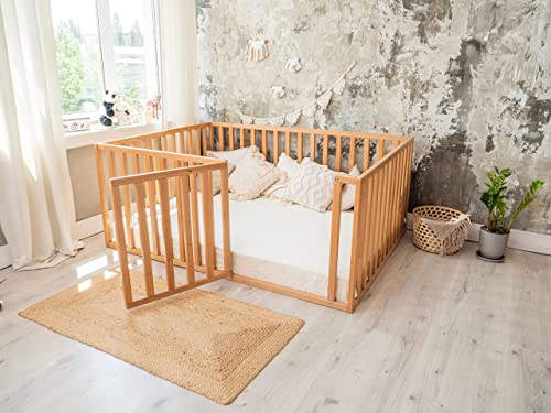 BUSYWOOD Wooden Floor Bed Playpen with Extended Rail - Toddler Bed Frame - Bed with Extra Protection - Toddler Playpen - Play Bed - Solid Wood Bed - (Model 6.3, Floor bed)