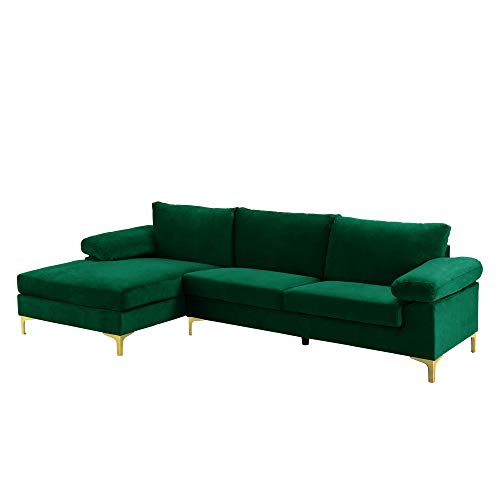 Casa Andrea Milano Modern Large Velvet Fabric Sectional Sofa Couch with Extra Wide Chaise Lounge with Golden Legs, L Shaped, Green