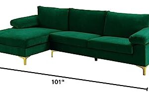 Casa Andrea Milano Modern Large Velvet Fabric Sectional Sofa Couch with Extra Wide Chaise Lounge with Golden Legs, L Shaped, Green