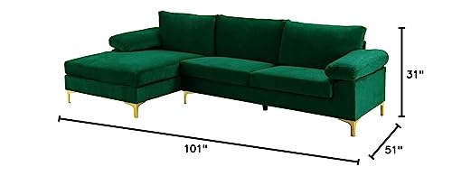 Casa Andrea Milano Modern Large Velvet Fabric Sectional Sofa Couch with Extra Wide Chaise Lounge with Golden Legs, L Shaped, Green