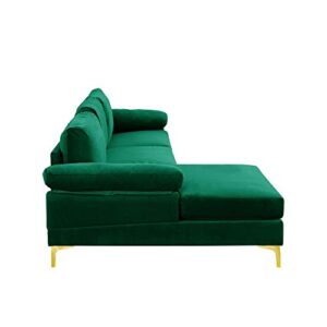 Casa Andrea Milano Modern Large Velvet Fabric Sectional Sofa Couch with Extra Wide Chaise Lounge with Golden Legs, L Shaped, Green