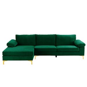 Casa Andrea Milano Modern Large Velvet Fabric Sectional Sofa Couch with Extra Wide Chaise Lounge with Golden Legs, L Shaped, Green