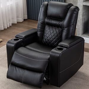 CANMOV Electric Power Recliner Chair with USB Ports and Cup Holders, Breathable Leather Home Theater Seating with Hidden Arm Storage (Black)