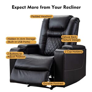 CANMOV Electric Power Recliner Chair with USB Ports and Cup Holders, Breathable Leather Home Theater Seating with Hidden Arm Storage (Black)