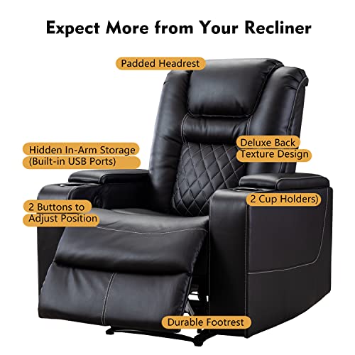 CANMOV Electric Power Recliner Chair with USB Ports and Cup Holders, Breathable Leather Home Theater Seating with Hidden Arm Storage (Black)