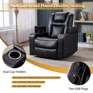 CANMOV Electric Power Recliner Chair with USB Ports and Cup Holders, Breathable Leather Home Theater Seating with Hidden Arm Storage (Black)