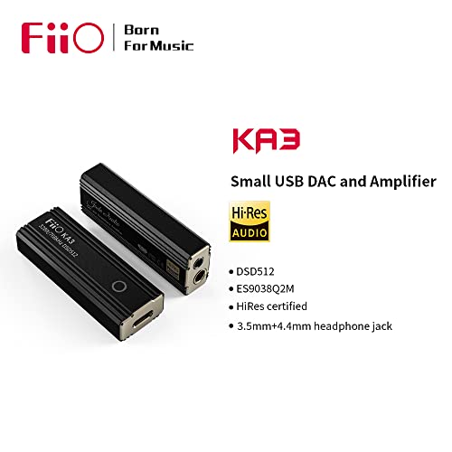 FiiO JadeAudio KA3 Headphone Amps Tiny Amplifier USB DAC High Resolution Supports 32bit/768kHz and DSD512 Headphone Outputs 3.5mm/4.4mm for Smartphones/Laptop/PC/Players