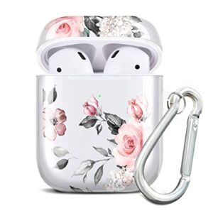 rxkeji compatible airpods case cover, rose flower clear case cute protective soft shockproof cover with keychain for women girls compatible with airpods 2 & 1 wireless charging case - pink