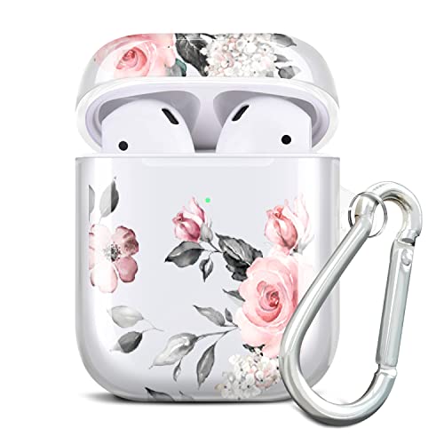 RXKEJI Compatible AirPods Case Cover, Rose Flower Clear Case Cute Protective Soft Shockproof Cover with Keychain for Women Girls Compatible with AirPods 2 & 1 Wireless Charging Case - Pink