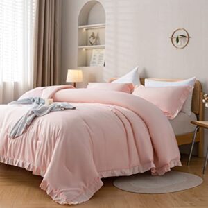 janzaa pink comforter set queen comforter set 3pcs（1 ruffled blush comforter and 2 pillowcases） vintage shabby chic bedding soft fluffy comforter set all season