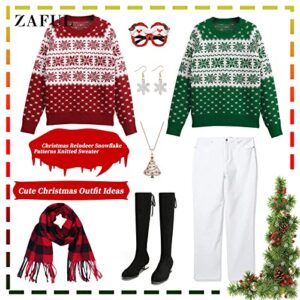 ZAFUL Women's Christmas Reindeer Xmas Snowflake Patterns Knitted Sweater Long Sleeve Elk Floral Printed Pullover Green