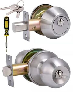 all keyed same entry door knob and single cylinder deadbolt combo set, satin nickel exterior door knobs with lock and keys for entrance and front door