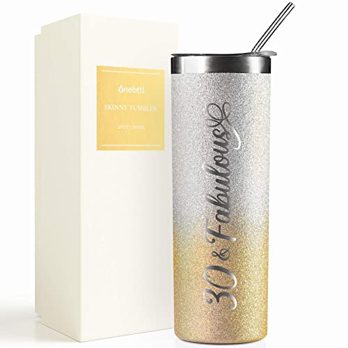 Onebttl 30th Birthday Gifts for Women, Female, Her - 30 and Fabulous - 20oz/590ml Stainless Steel Insulated Glitter Tumbler with Straw, Lid, Message Card - (Gold-Silver Gradient)