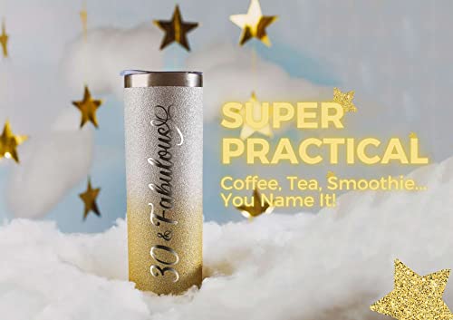 Onebttl 30th Birthday Gifts for Women, Female, Her - 30 and Fabulous - 20oz/590ml Stainless Steel Insulated Glitter Tumbler with Straw, Lid, Message Card - (Gold-Silver Gradient)