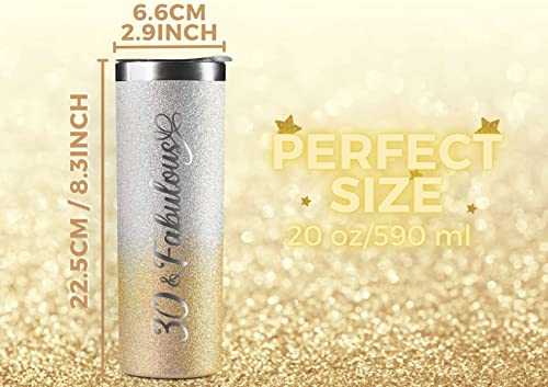 Onebttl 30th Birthday Gifts for Women, Female, Her - 30 and Fabulous - 20oz/590ml Stainless Steel Insulated Glitter Tumbler with Straw, Lid, Message Card - (Gold-Silver Gradient)