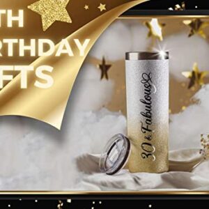 Onebttl 30th Birthday Gifts for Women, Female, Her - 30 and Fabulous - 20oz/590ml Stainless Steel Insulated Glitter Tumbler with Straw, Lid, Message Card - (Gold-Silver Gradient)