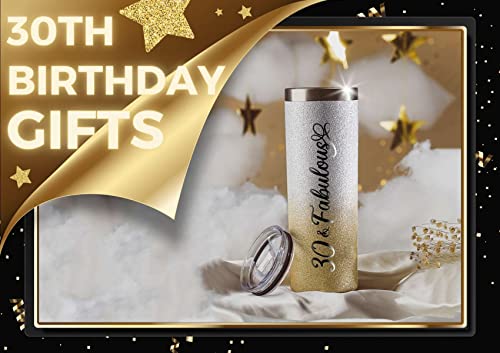 Onebttl 30th Birthday Gifts for Women, Female, Her - 30 and Fabulous - 20oz/590ml Stainless Steel Insulated Glitter Tumbler with Straw, Lid, Message Card - (Gold-Silver Gradient)