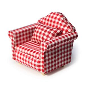 dollhouse couch with pillow 1 12 scale miniature sofa arm chair living room furniture wooden fabric frame single reading chair artificial house room scene decoration (plaid)