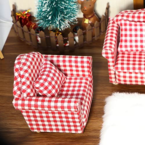 Dollhouse Couch with Pillow 1 12 Scale Miniature Sofa Arm Chair Living Room Furniture Wooden Fabric Frame Single Reading Chair Artificial House Room Scene Decoration (Plaid)