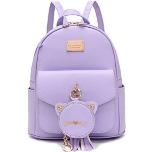 I IHAYNER Mini Backpack for Women Small Backpack Purse for Girls Leather Bookbag Ladies Satchel Bag with Detachable Kitty Coin Purse and Charm Tassel Purple