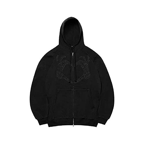 LouVasabuce Women Men Skeleton Print Oversized Sweatshirt Zip Up Hoodie Jacket Shacket Coat Aesthetic Streetwear Top