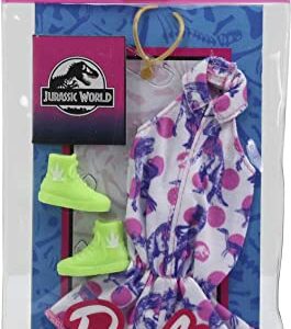 Barbie Doll Clothes Inspired by Jurassic World: Dominion, Complete Look, 2 Accessories, Shorts Romper with Pink Polka Dot & Dinosaur Print, Lime Green Boots & Necklace, Gift for Kids 3 to 8 Years Old