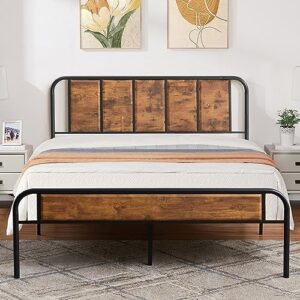 vecelo full size platform bed frame with wood headboard, no box spring needed,heavy duty steel slat and anti-slip support,14 strong metal slat support, easy assembly, vintage brown