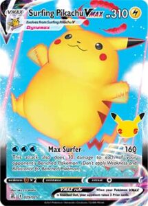 pokemon celebrations surfing pikachu vmax, 25th anniversary,full art rare holo vmax + surprise card!