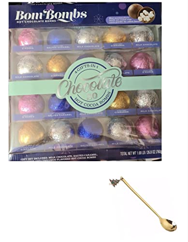 Bom Bombs Hot Chocolate Melting Balls with Marshmellows and Christmas 1 Charm Spoon (20 balls)