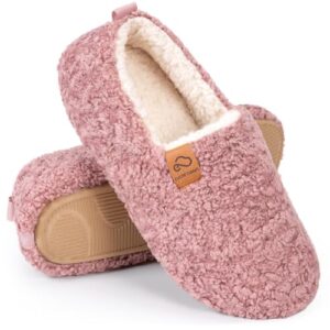 everfoams women's soft curly comfy full slippers memory foam lightweight house shoes cozy warm loafer with polar fleece lining (pink, size 9-10 m us)