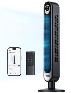 dreo smart tower fan wifi voice control, works with alexa/google, cruiser pro t1s floor standing bladeless oscillating fan with remote, 6 speeds, 4 modes, 12h timer, for indoor bedroom home office