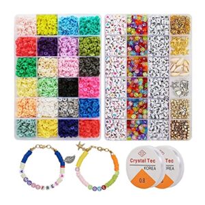 6000pcs clay beads for bracelets jewelry making,24colors 6mm flat round polymer clay spacer beads,heishi beads,letter beads pendant charms kit necklace earring diy(elastic strings jump rings)
